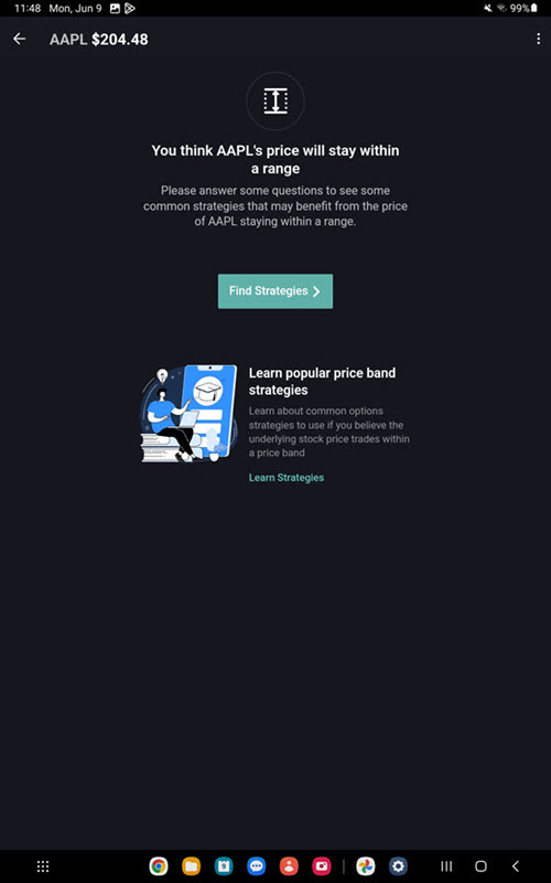The options wizard select date on the Android Tablet